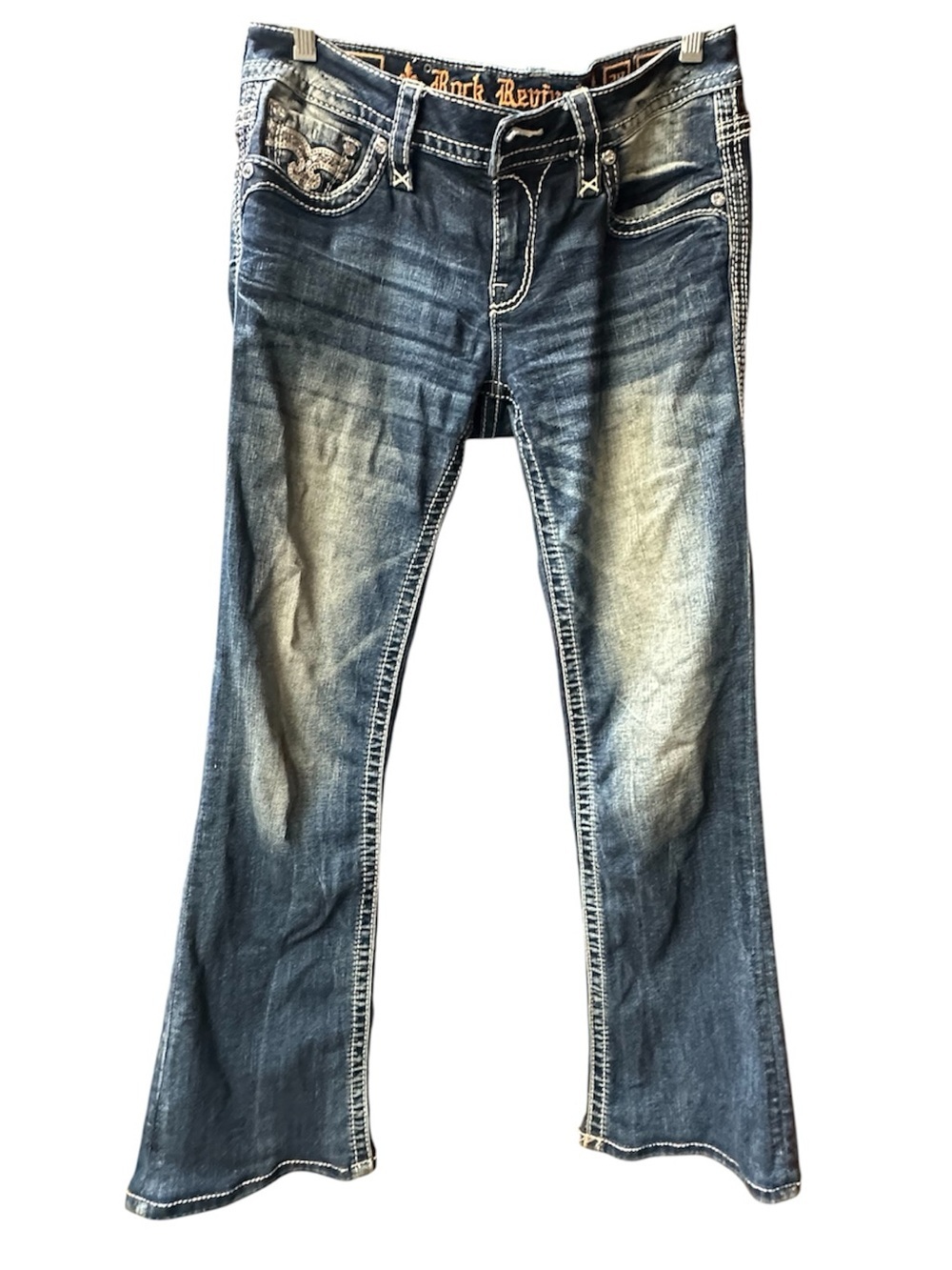 Rock Revival Leni Bootcut Jeans Embroidered Sz 28 Dark Wash Mid Rise Stretch